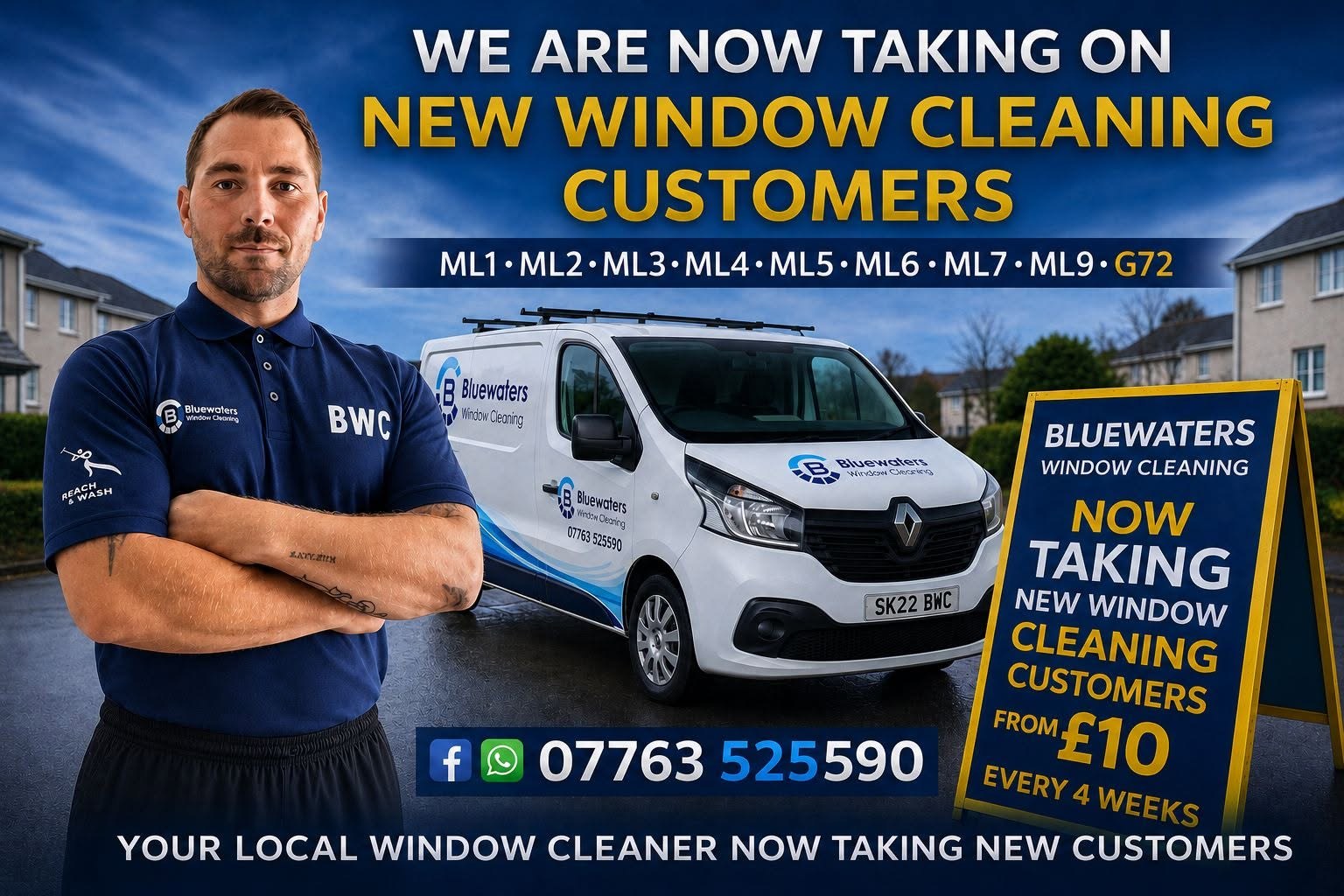 Bluewaters Window Cleaning: now taking on new window cleaning customers in ML1 to ML9 and G72, from £10 every 4 weeks. Call or WhatsApp 07763 525590.